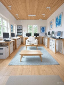 Office room with desks, chair and cabinets