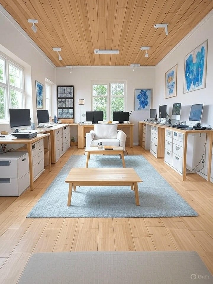 Office room with desks, chair and cabinets