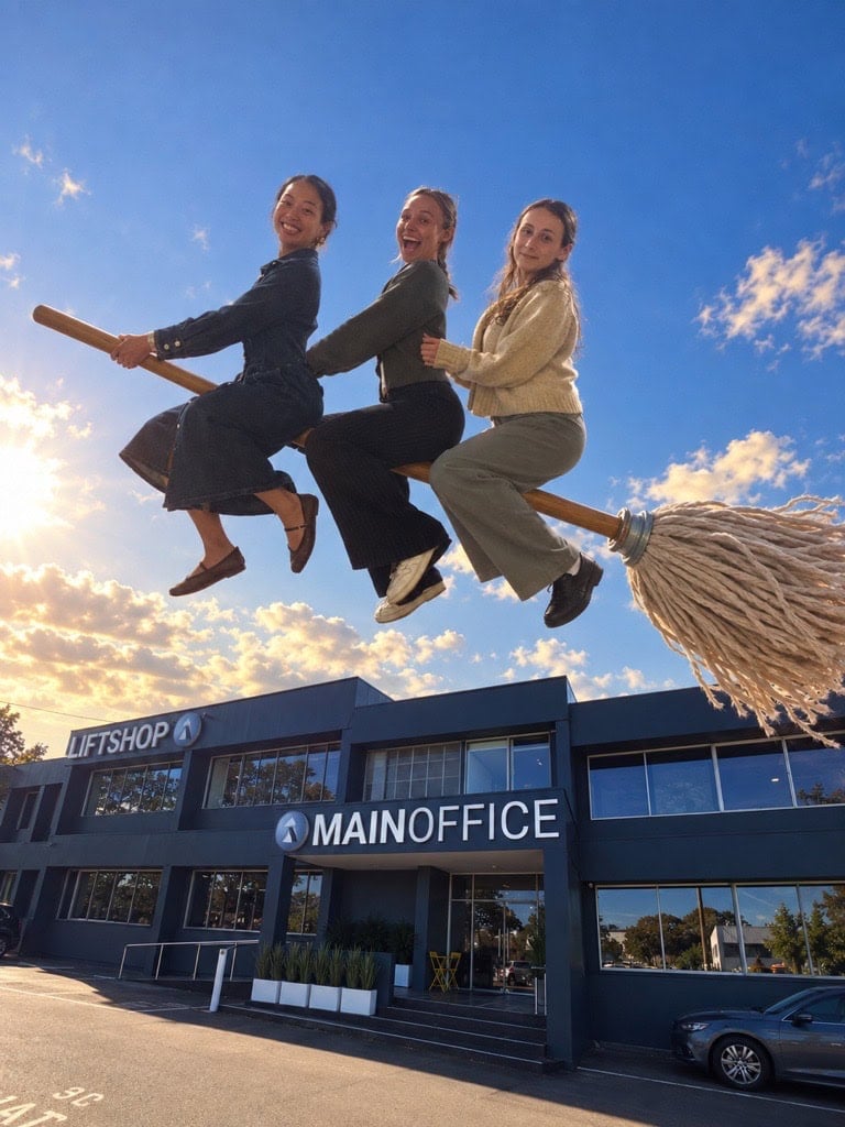 The Main Office front-of-house team flying over the building on a mop. MOP: Main Office Portal.